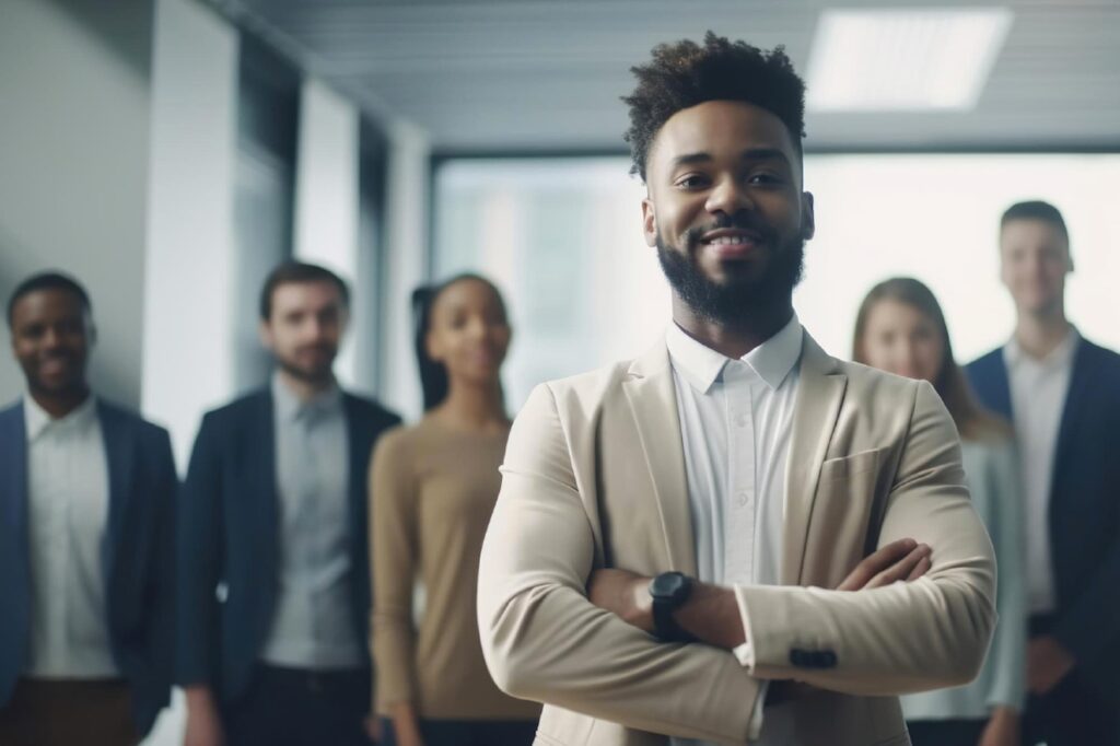 Confident financial director with team in background, representing Nucleus for Financial Directors empowering finance leaders with real-time insights and compliance tools