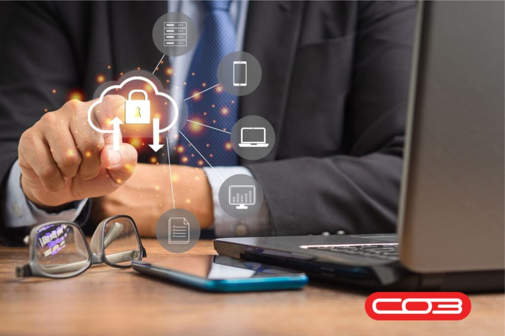 Business professional using cloud technology icons on screen – digital transformation field service improving security and connectivity