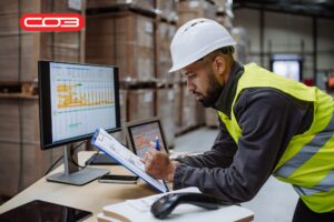 Engineer managing warehouse operations using spreadsheets, highlighting the need for field service management software UK solutions.