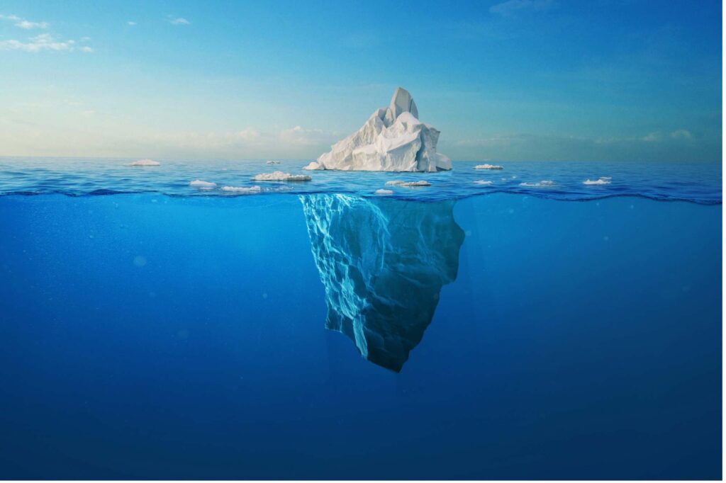 Customer profitability illustrated by an iceberg, showing hidden operational costs beneath visible customer revenue.